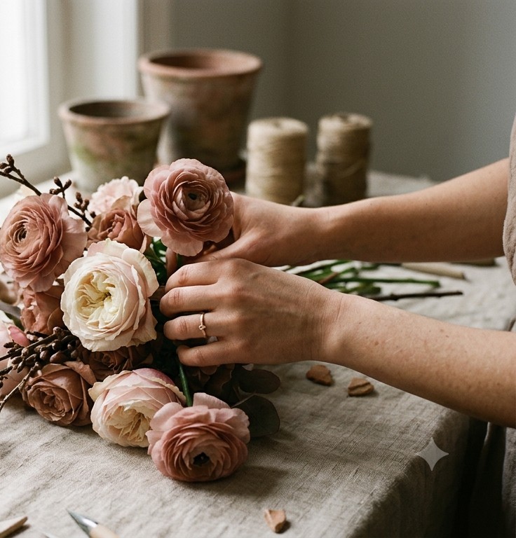 Blumenstrauß wird von Hand gebunden
